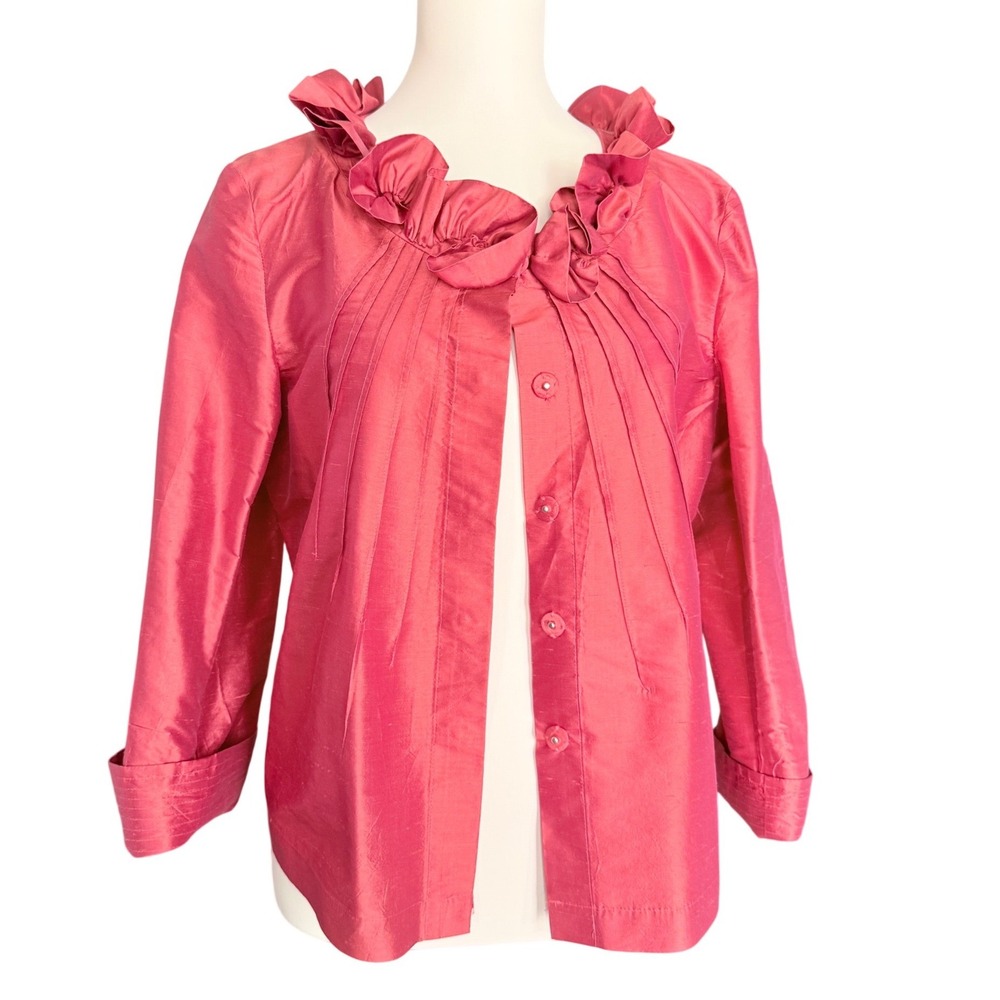Filigree Womens Coral Red 100% Silk Ruffle Collar Pleated Button Front Size L